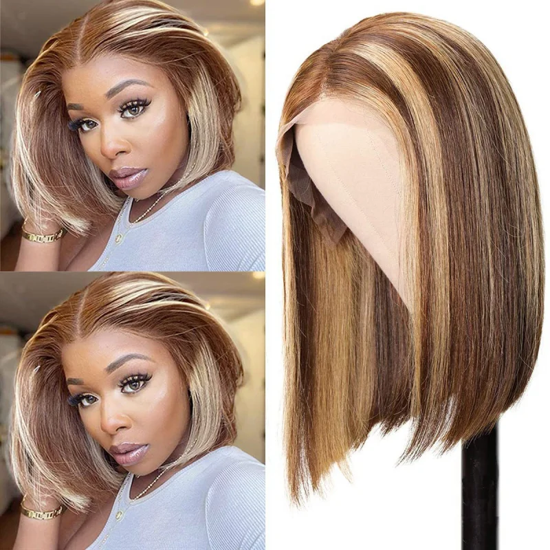 

Women's Wig European and American Fashion Middle Part Bobo Head Gradient Color Short Straight Hair Synthetic Fiber Women's Wig A