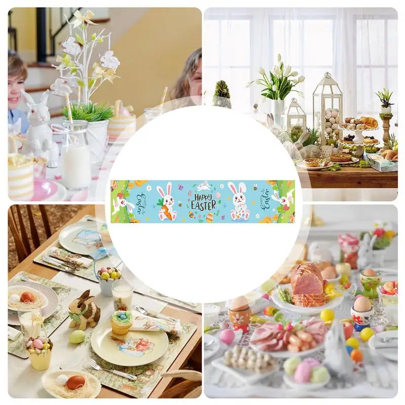 Happy Easter Table Runner Holiday Cute Rabbit Kitchen Dining Tabletop Decoration Seasonal Spring Holiday Kitchen Dining Table