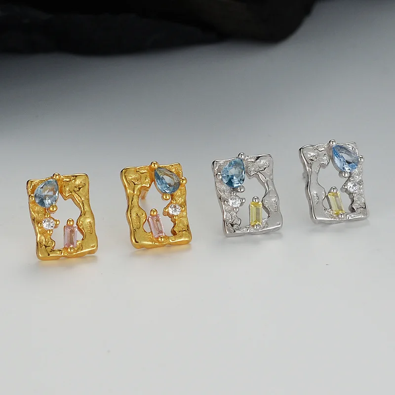 100% 925 Sterling Silver Zircon Geometric Earrings for Women Girl Irregular Hollow Out Design Jewelry Party Gift Dropshipping