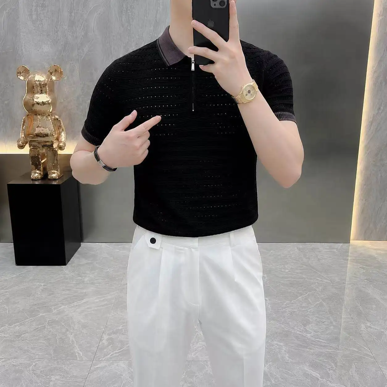 British Style Summer Zipper Polo Shirts Men's Short Sleeved Knitted Slim Fit T-shirt Trendy Breathable Casual Business POLO Top
