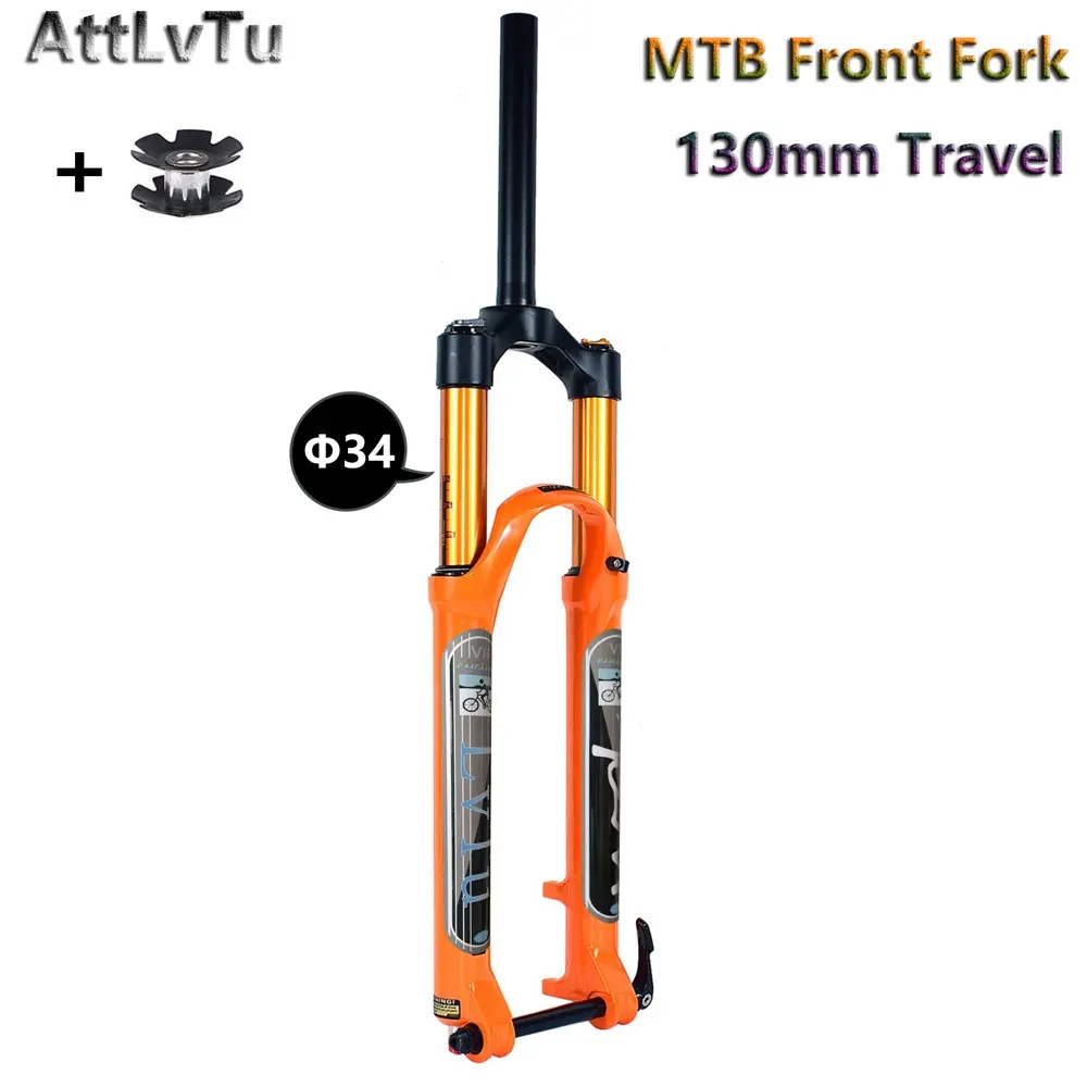 Rebound Adjust Mountain Bike Fork, Air Shocks, Orange for XC, FR, AM, MTB, Travel 130mm, 27.5 in, 29in, 15mm × 100mm Axle