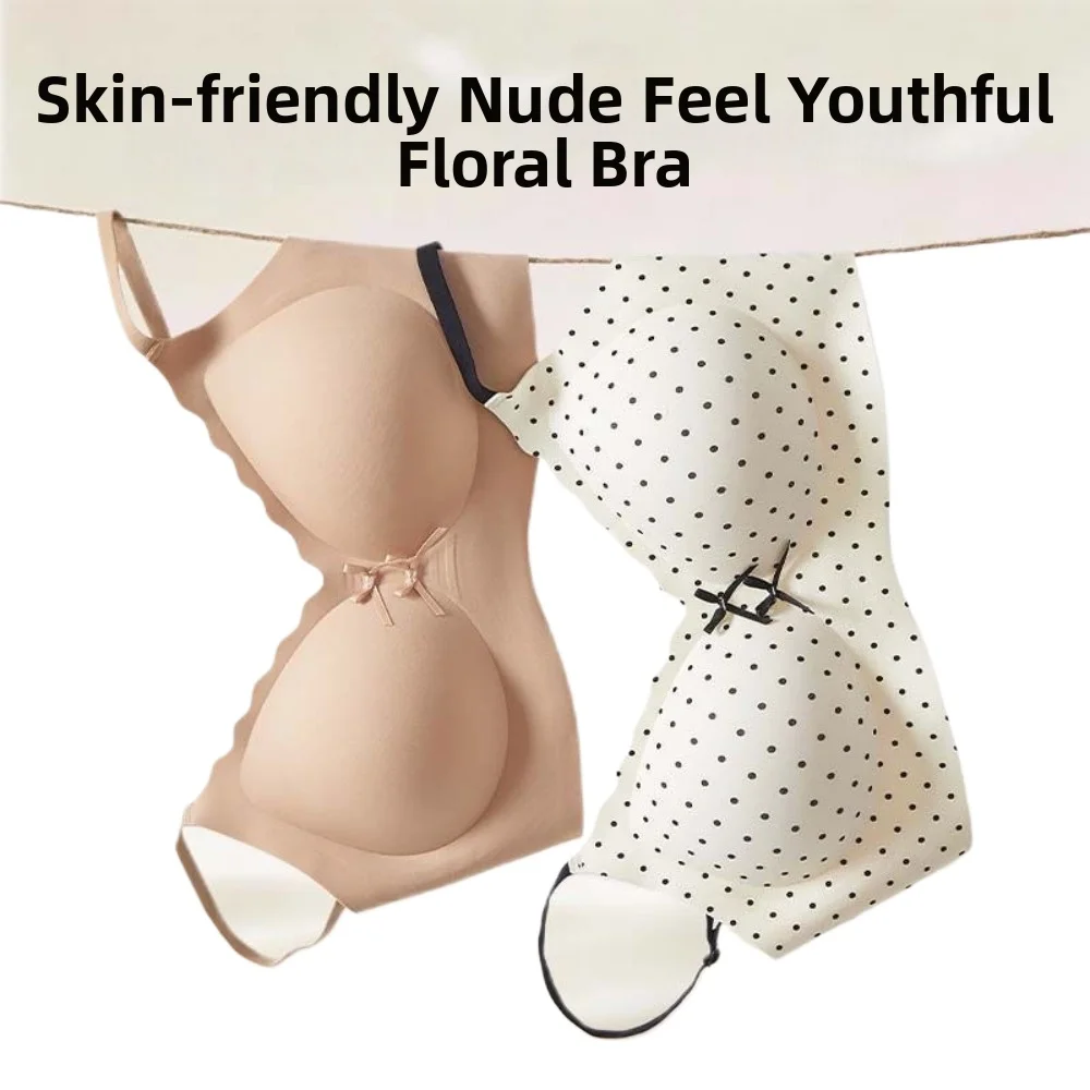 

KUCLUT Dots Wireless V Bra Shockproof Gathered Breasts Seamless Floral Print Bra Flower Bow Anti-sagging Brassiere for Women