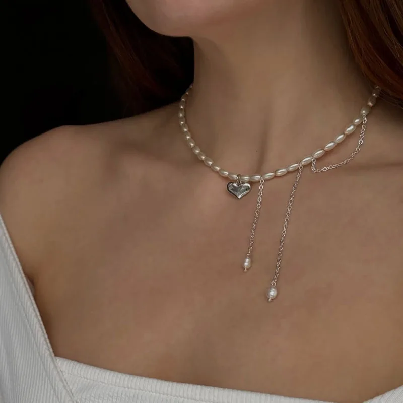 Fashion Tassel Chain Pendant Necklace For Women Boho Imitation Pearl Chain Heart Pendant Jewelry Valentine's Gift N0556