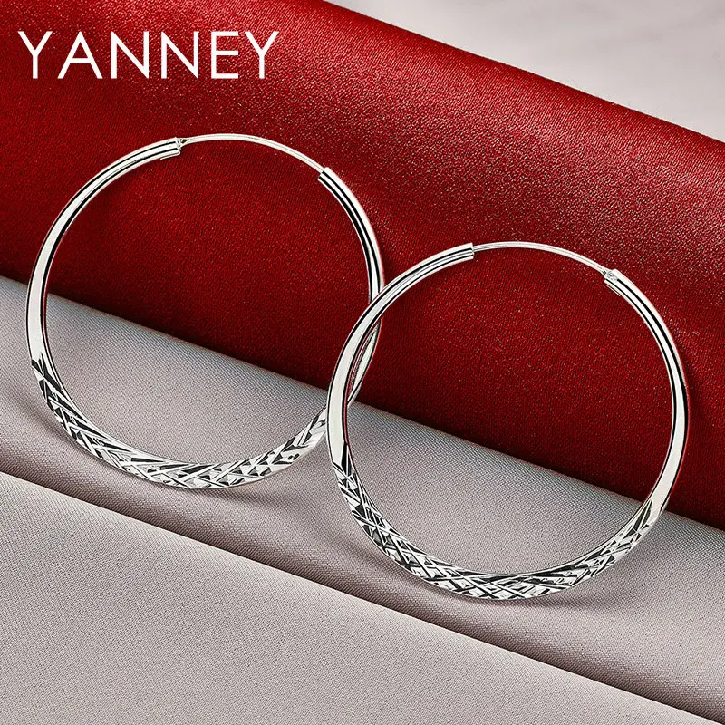 

Women's 925 Sterling Silver 40/45/50MM Sideways Pattern Hoop Earrings For Fashion Girlfriend Wedding Jewelry Gifts Accessories