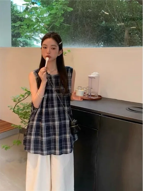 

Retro Plaid Color Block round Neck Sleeveless Shirt Women's Loose Casual Slimming Top Summer New Style Comfortable Fashion