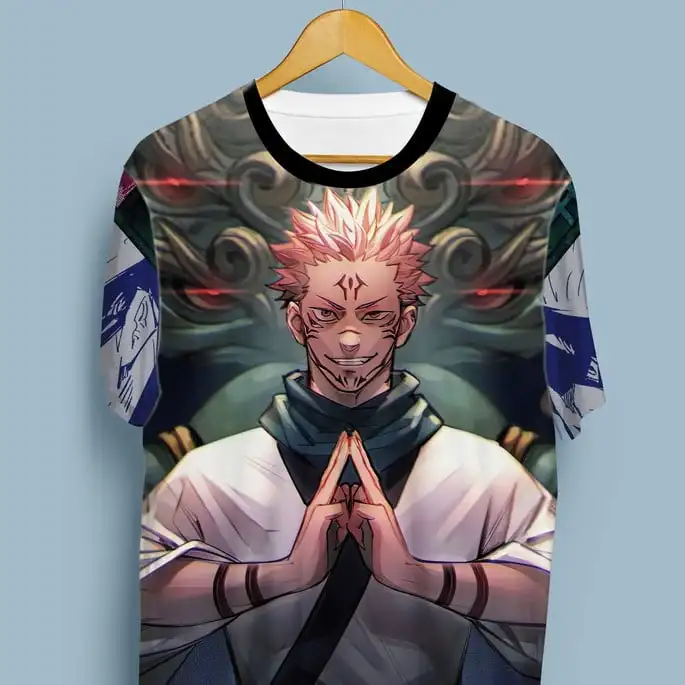 Jujutsu Kaisen Ryomen Sukuna 3D Print T-shirt, Men's Anime King of Curses Graphic Short Sleeve Tee, Casual Streetwear Top