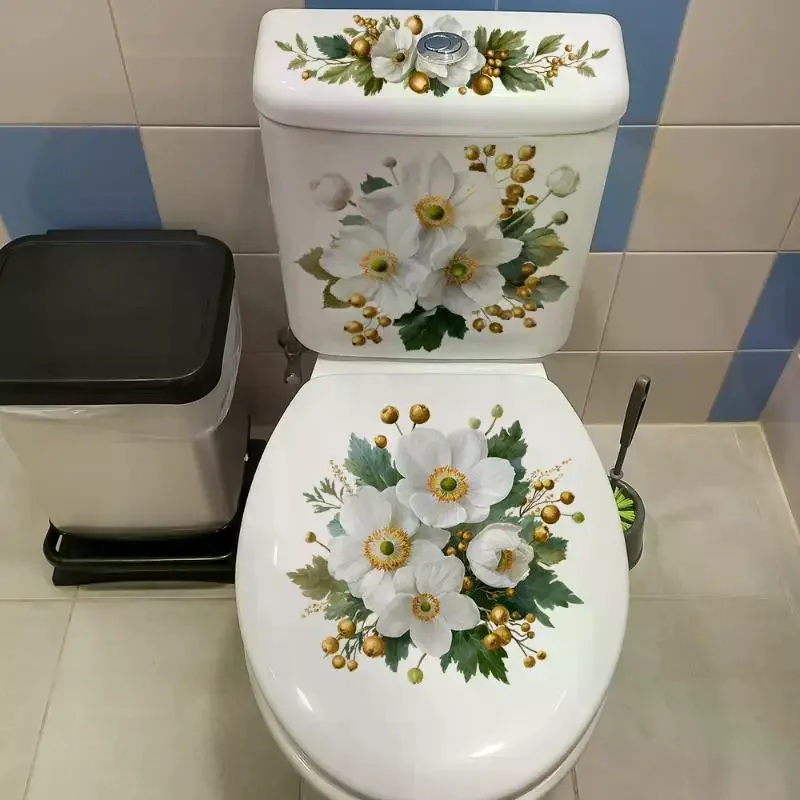 Floral Toilet Sticker Waterproof Easy to Clean Removable Bathroom Toilet Lid Wall Decal for Busy Family Restroom