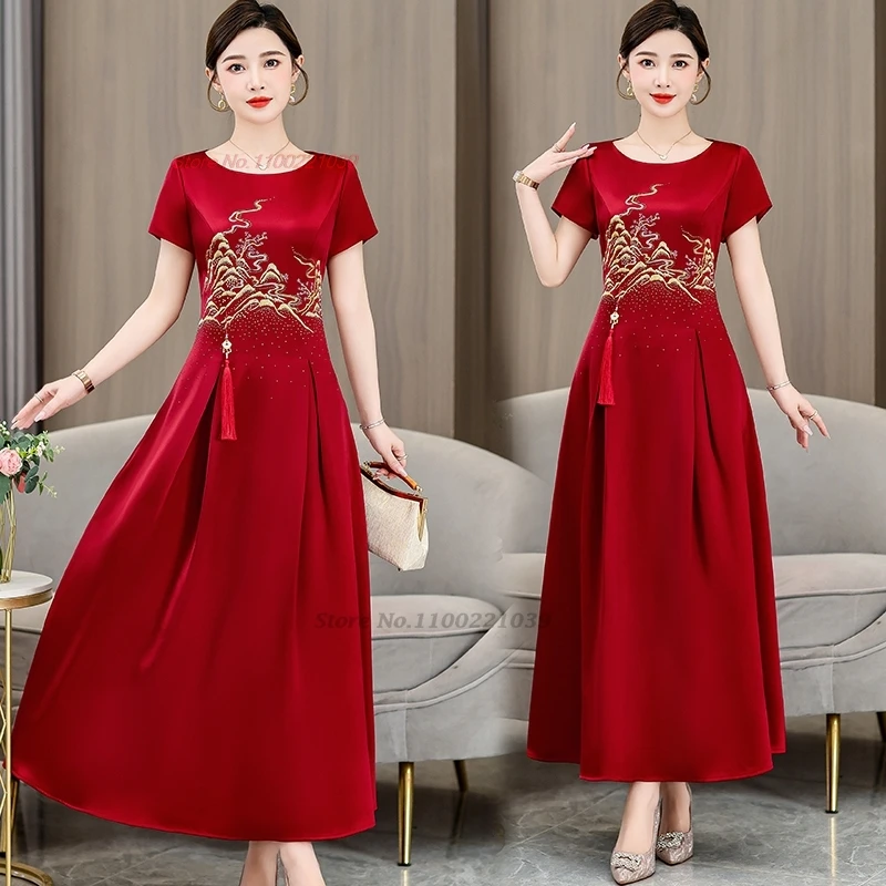 2025 chinese vintage dress improved qipao national flower embroidery o-neck cheongsam wedding dress oriental folk a-line dress