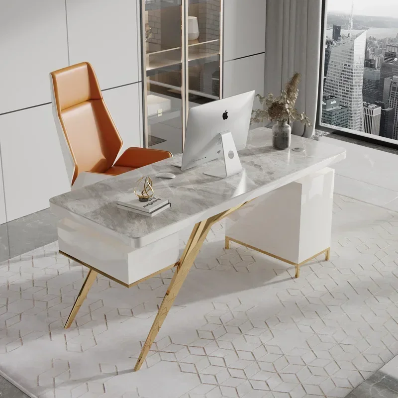 Modern Design Luxury Gold Stainless Steel Computer Table Working Desk With Sintered Stone For Home Office Furniture Set
