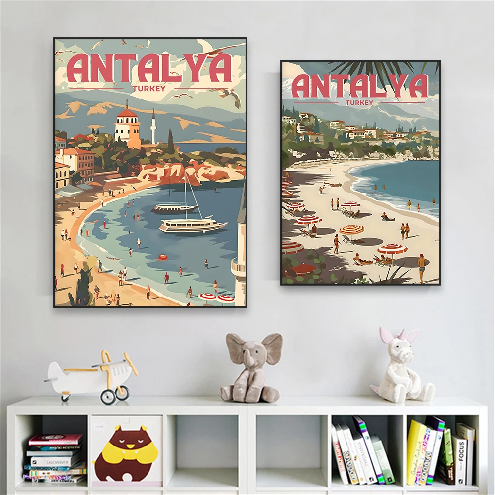 

Винтажный постер природы анталиа, Постер для путешествий в стиле ретро, турецкий городской Пляжный Пейзаж, холщовая живопись, Современный домашний декор для комнаты для чтения