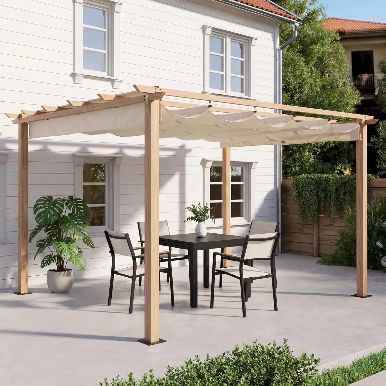 

10x10ft Faux Wood Grain Aluminum Retractable Pergola Canopy with Adjustable Sun Shade for Patio Backyard Beach, Customized