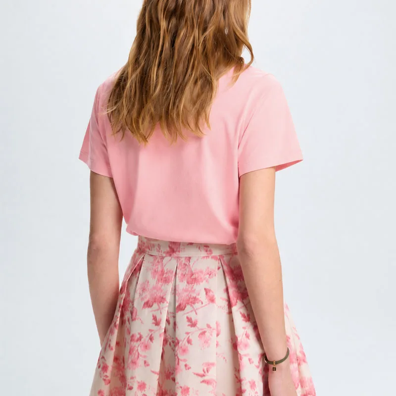 CH Damen-T-Shirt aus rosa Baumwolle mit gesticktem Schriftzug, kurzärmelig, lässiges Sommer-Basic-Top – Detail 4