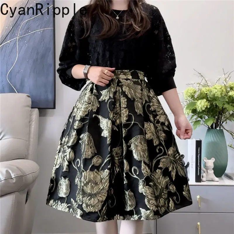 Hepburn Elegant Black Ball Gown Skirt Luxury Gold Embroidery Jacquard A-line Skirt High Waist Mid-length Women Pleated Skirts