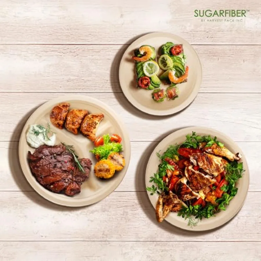 9 inch Nature Compostable Disposable Dinner Paper Plates Party, Count Disposable, Biodegradable, Heavy-Duty, Natural, Bagasse,