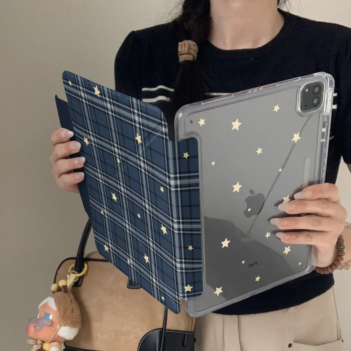 Ins Blue Checkered Star Tablet Case For iPad Pro 11 12.9 13 M2 M4 M3 M5 Shell 8.3 9.7 10.2 5/6/7/8/9/10/11th Air 3 4 5 6 7 Cover