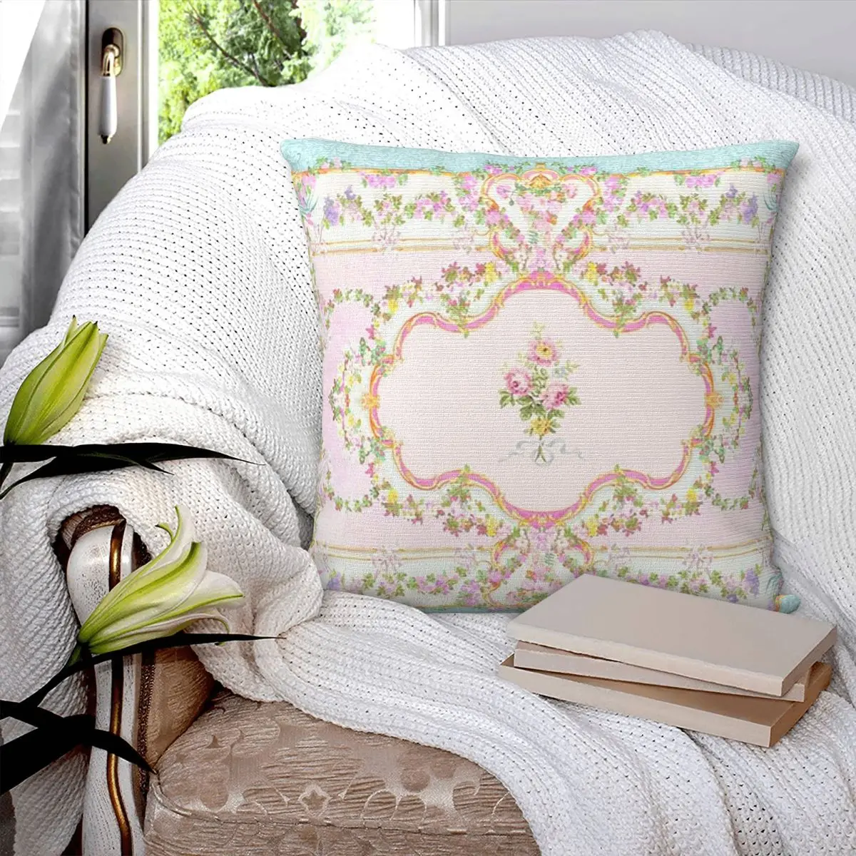 French Rococo Floral Watercolor Panel Square Pillowcase Pillow Cover Polyester Cushion Decor Comfort Throw Pillow for Home Car