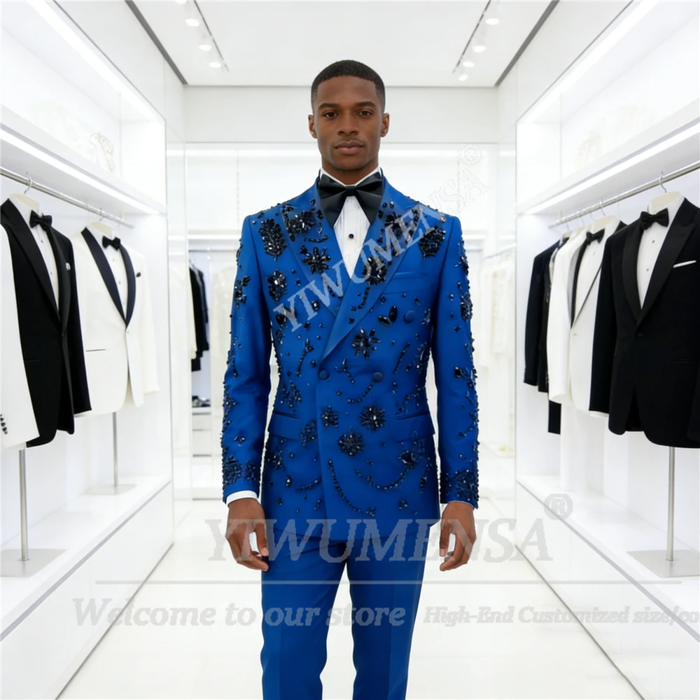 

Brilliant Rhinestone Beaded Suit Men Slim Fit Double Breasted Prom Blazers Cutomized 2 Piece Groom Wedding Tuxedos Ropa Hombre