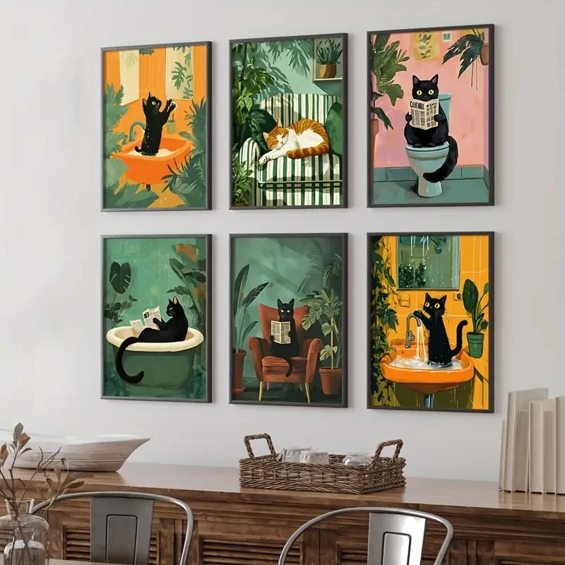 

6pcs/set Bathroom Cat Prints, Funny Canvas Posters, Toilet Posters, Decorative Artworks for Toilets, Bathrooms and Home Rooms