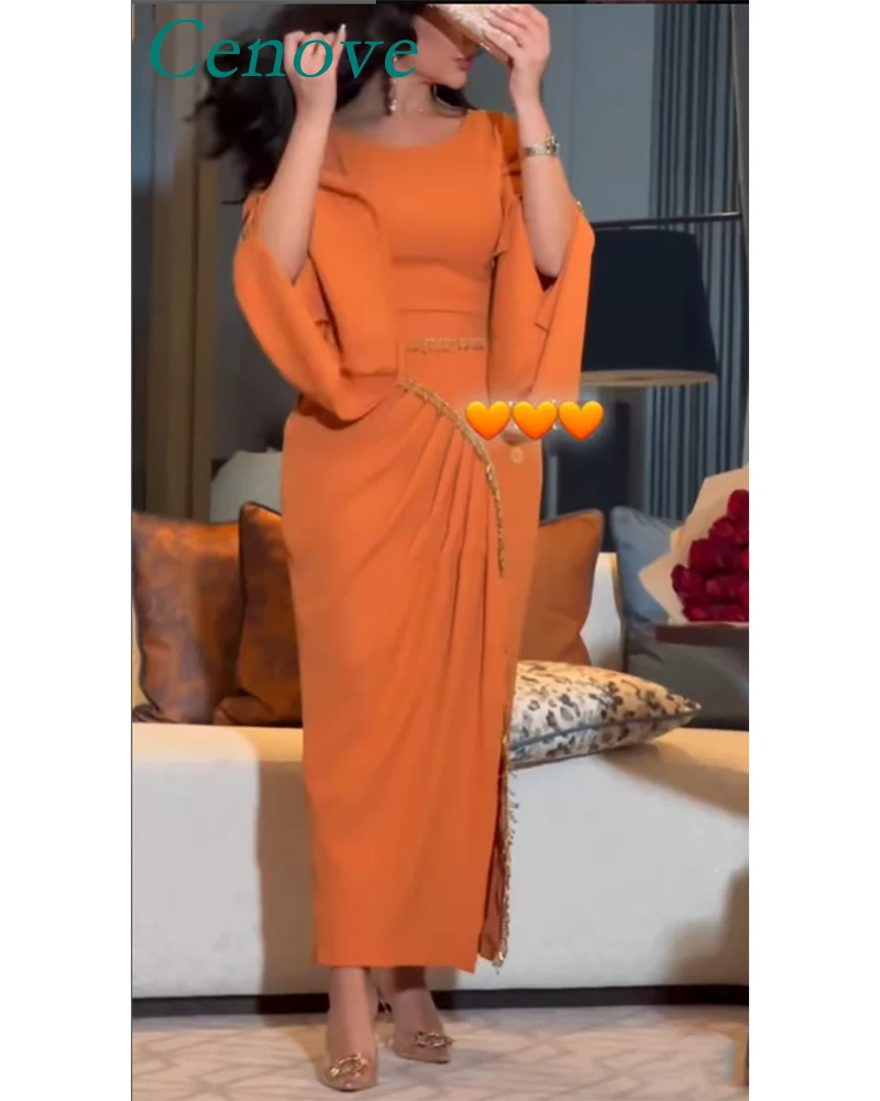 Cenove  Orange Arab Dubai O Neckline Prom Dress Long Sleevs Evening Summer Elegant Party Dress For Women 2023