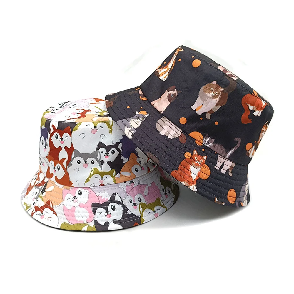 

Cute Cartoon Animal Printed Ladies' Fisherman Hat Kitten Pattern Sun Protection Fashion Casual Beanie Cap Double-Sided Wearable