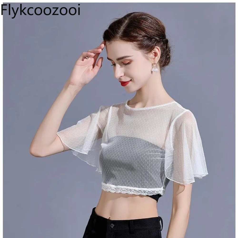 New Ultra Thin Gauze Round Neck Short Women's Blouse Lace Luxury Clothes Women High Strecth Vintage Regular Fit Tshirt