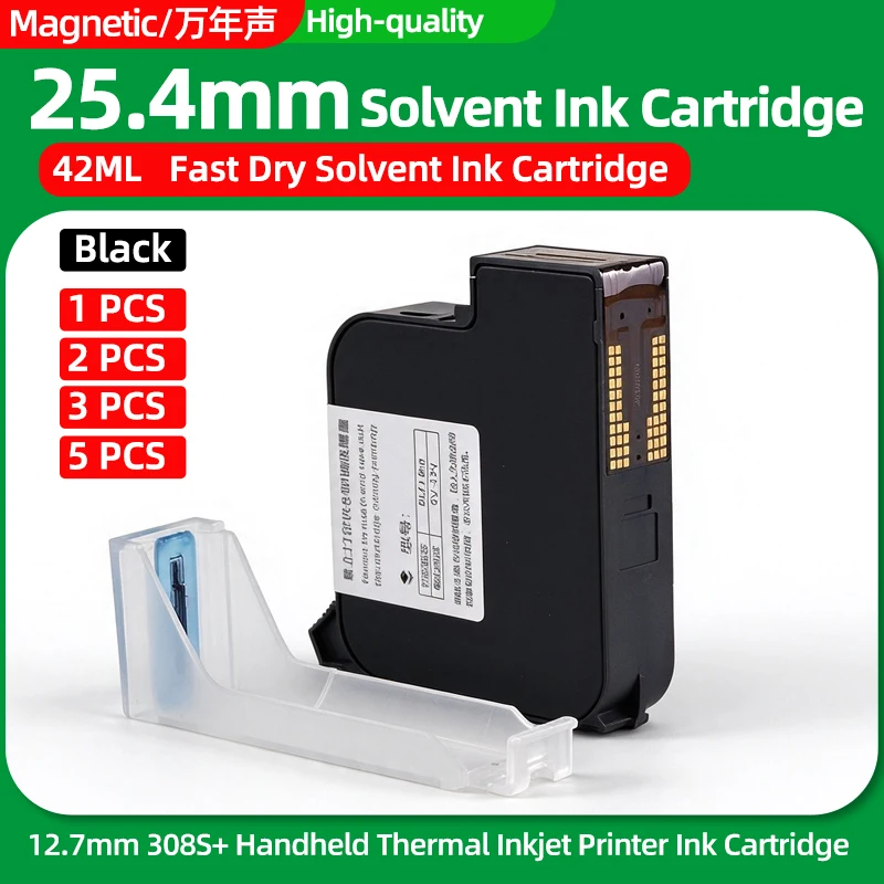 1/2/3/5pcs G1309S G1309S+ 308S Handheld Fast Dry Ink Solvent Black Cartridge Compatible for 25.4mm 42ml Inkjet Handheld Printer