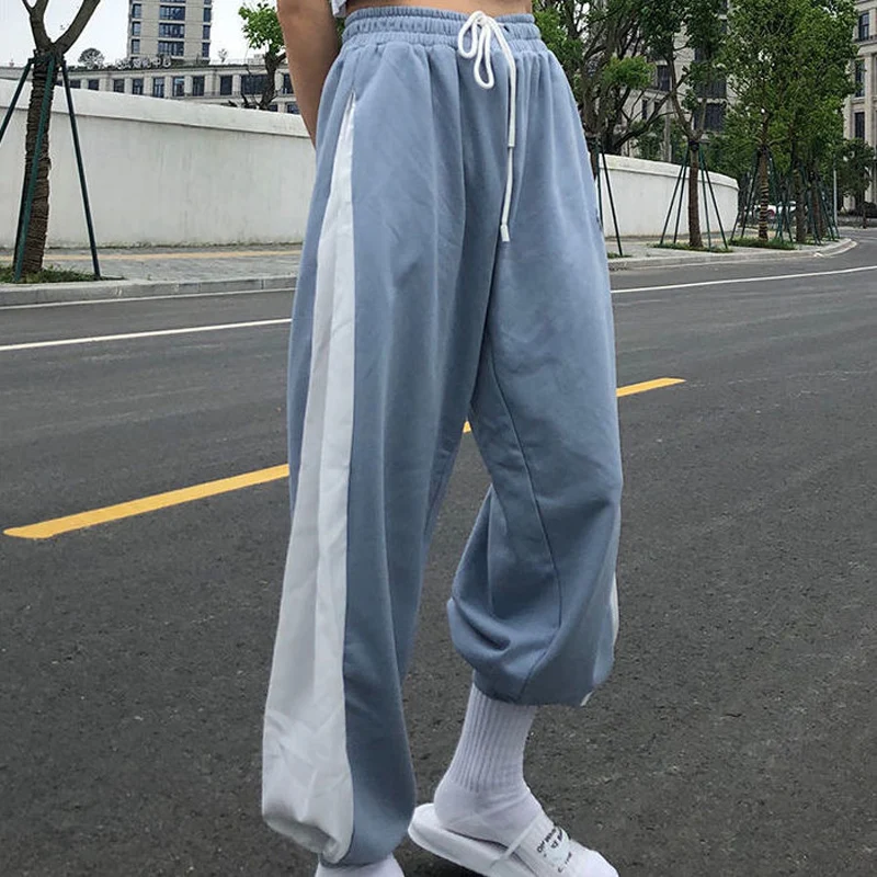 

Women High Waist Drawstring Casual Pants 2024 White Blue Contrast Loose Jogging Pant Lady Korean Streetwear Trousers Daisy Print