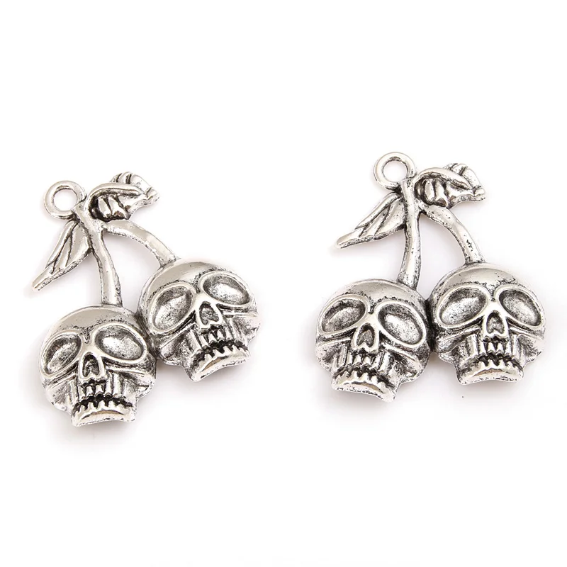 10pcs Silver Color 38.5x32mm Cherry Skull Skeleton Charms Halloween Pendant For DIY Handmade Metal Jewelry Making Accessories