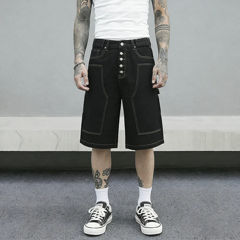 Men's Multi-Button Design Jeans Shorts American Vintage Street Fashion Loose Straight-Leg Denim Shorts Y2k Streetwear Jeans Male