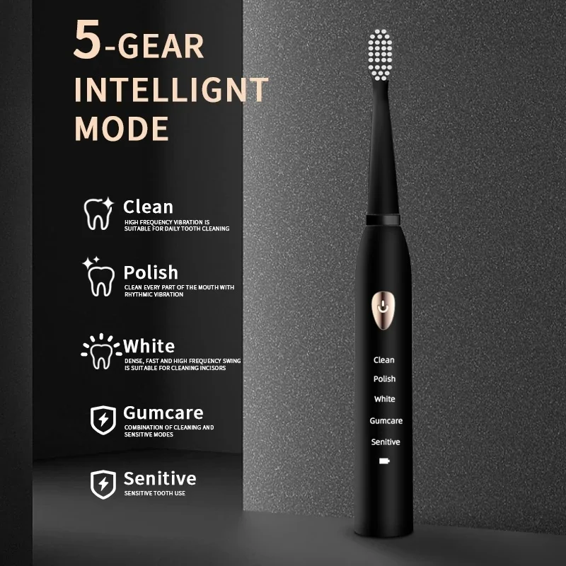 NEW Adult Black White Classic Acoustic Electric Toothbrush Adult 5-gear Mode USB ChargingAcoustic  IPX7 Waterproof Electric
