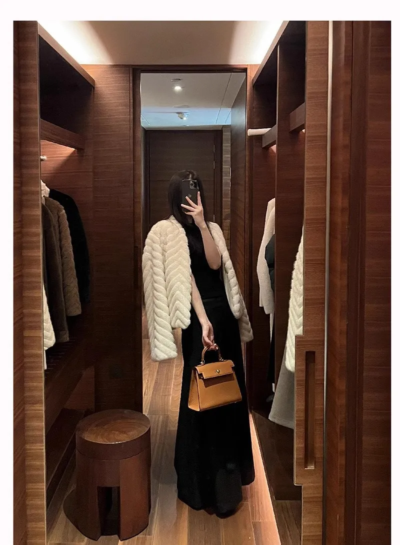 Elegant V Neck Herringbone Short Faux Mink Fur Jacket Women Long Sleeve Plush Jackets Woman Autumn Winter Fluffy Warm Outerwear