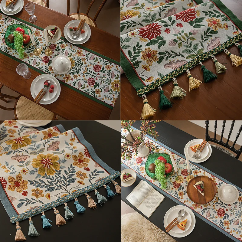 Retro Table Runner High-End Jacquard Fabric Living Room Decor Sideboard Long Tassel Table Runner Tea Flag Cover Cloth