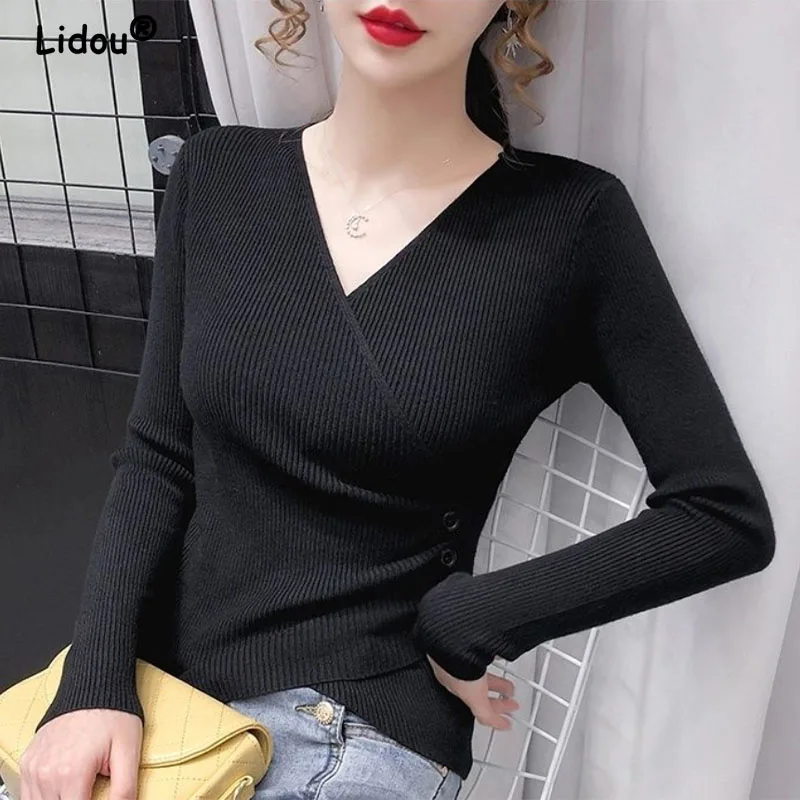 Elegant Fashion Temperament V-neck Knitted Pullovers for Women Sweaters 2022 New Solid Color Bottoming Shirt Buttons Korean Top