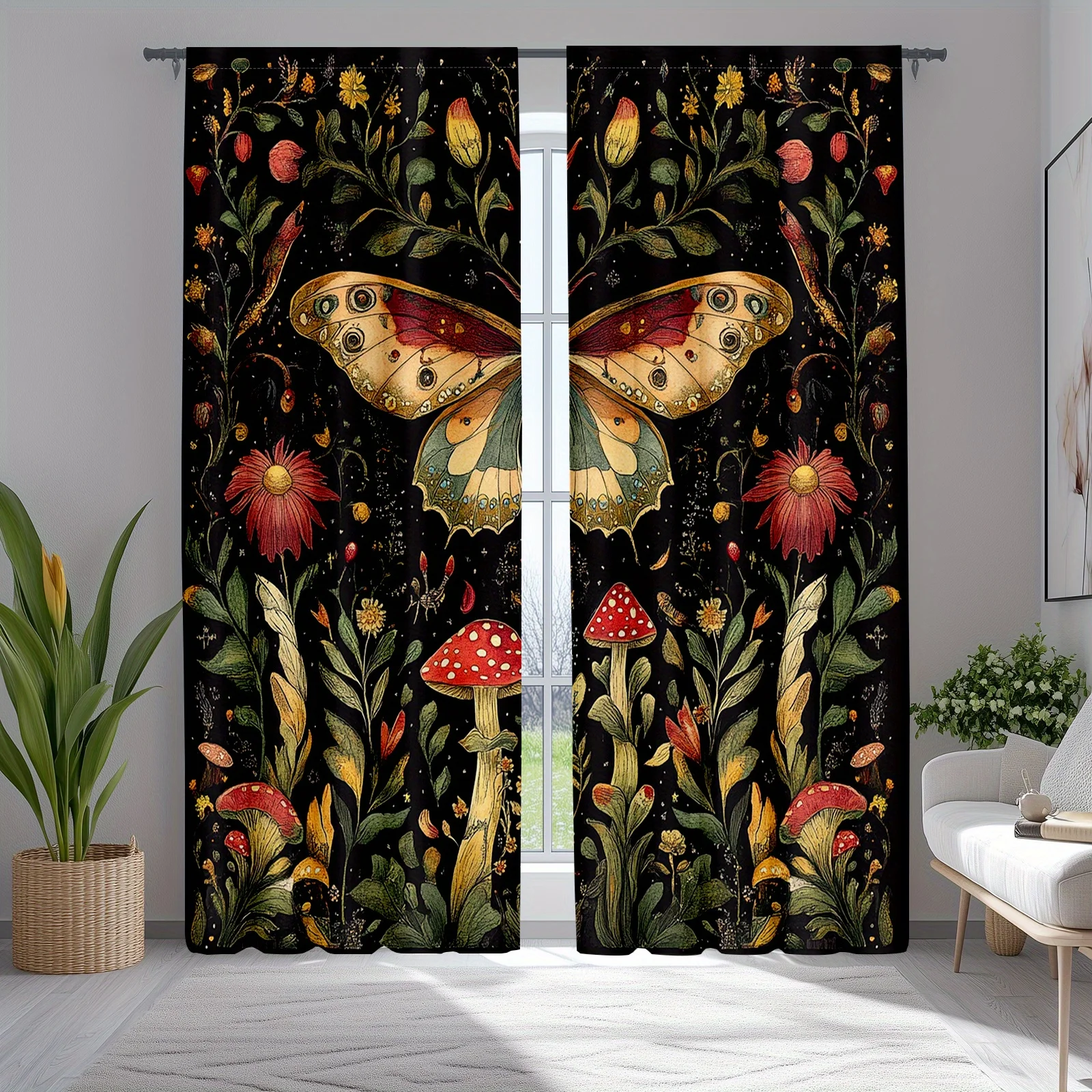 

Шторы с бабочками и грибами, черный фон, цветочные художественные оконные шторы, бохо, природный декор, лесная тема, дизайн штор для гостиной