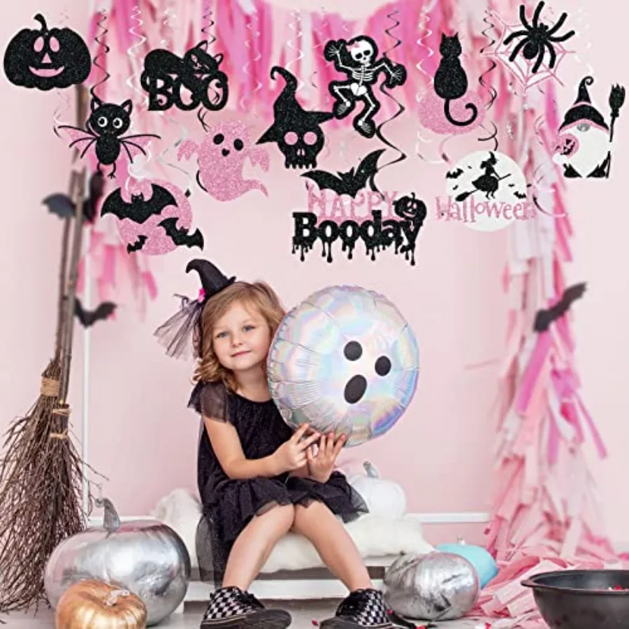 36 قطعة من زينة الدوامات المعلقة للهالوين للاستخدام الداخلي في الهواء الطلق، حلزونية دوارة للسقف Happy Boo Day مع غهو باللونين الأسود والوردي