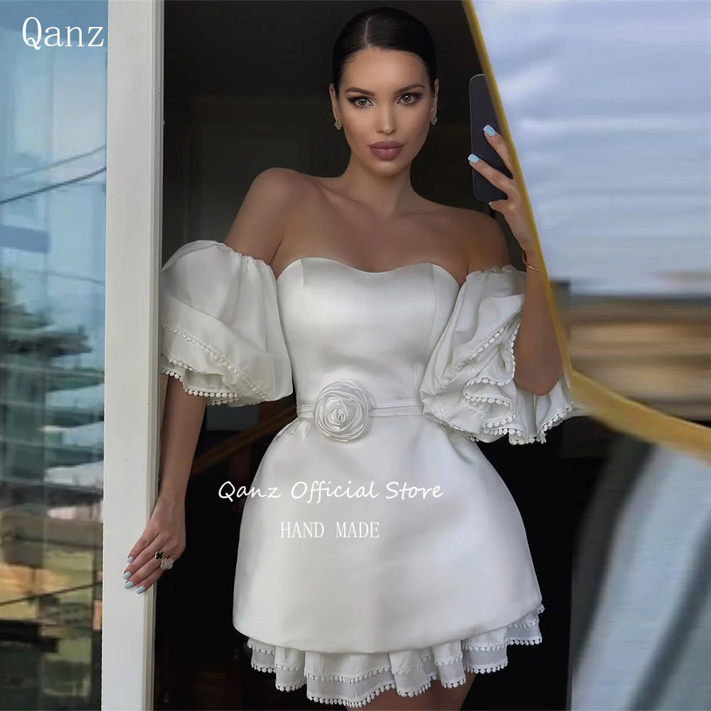 

Qanz Mini Short Wedding Dresses for Women 2024 Bridal Gowns Puff Sleeves Belt Lace Up Back Vestidos De Novia Customized