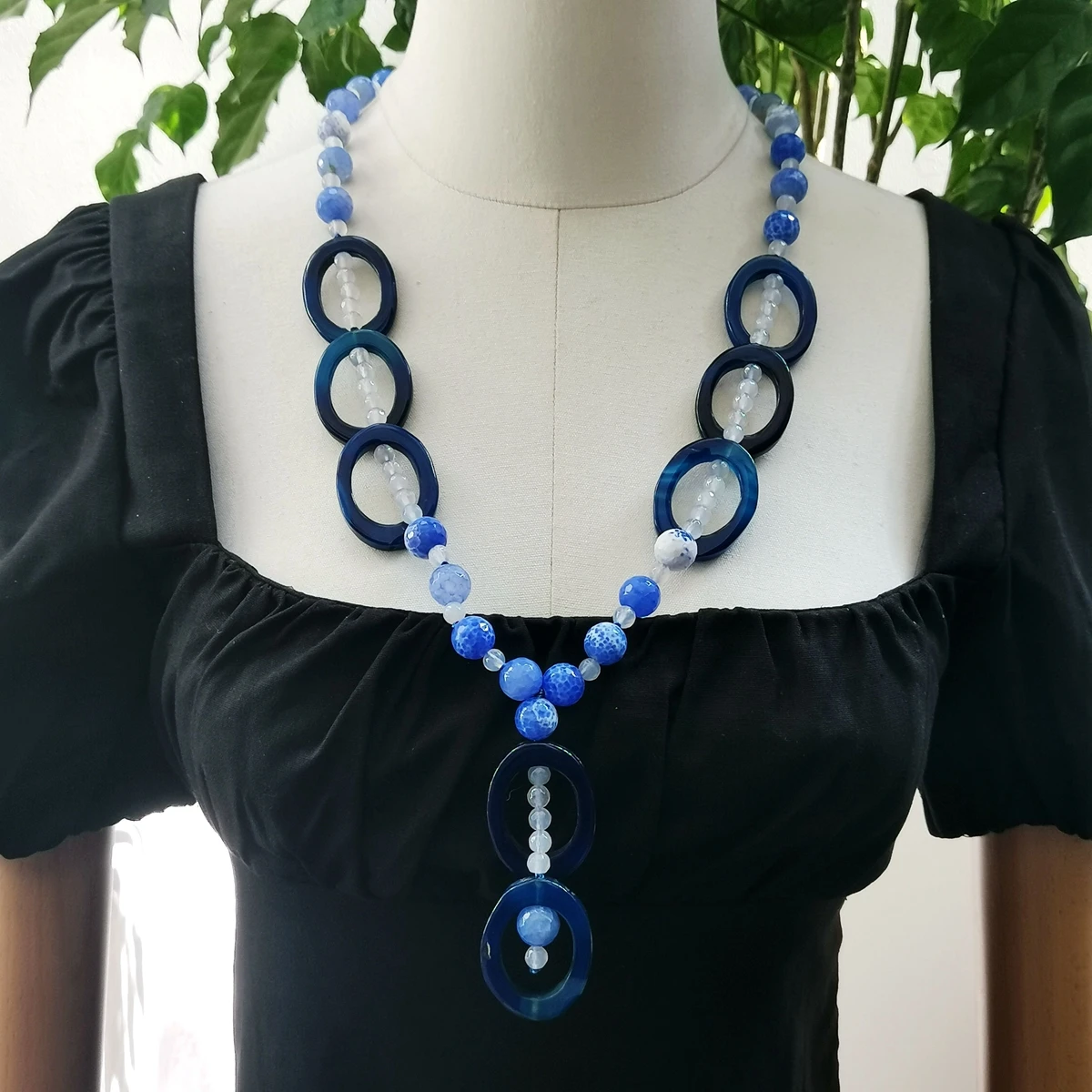 

Lii Ji Blue Black Stone Women Necklace 75cm Agate Stock Sale Jewelry Gift