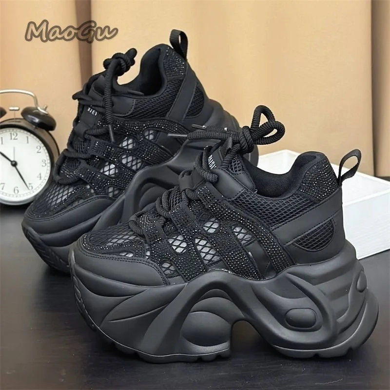 14cm Women Platform Chunky Sneakers Breathable Mesh Lace Up Dad Shoes Thick Sole Height Increasing Casual Walking Shoes Size 40