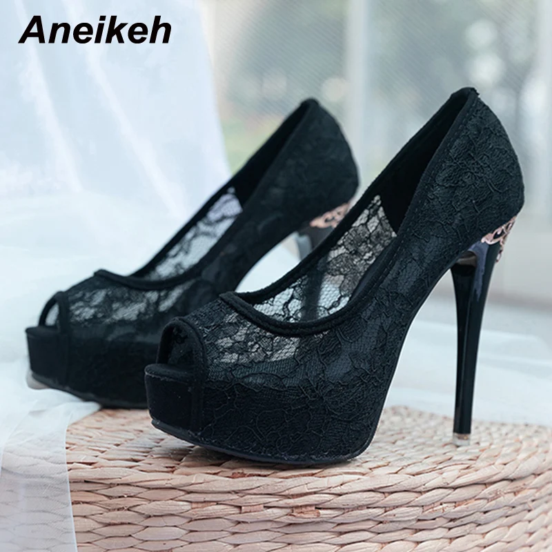 Aneikeh New Design Fashion Sexy Lace Decoration Thin High Heel Women Sandals Platform Peep Toe Party Wedding Shoe Solid Classics