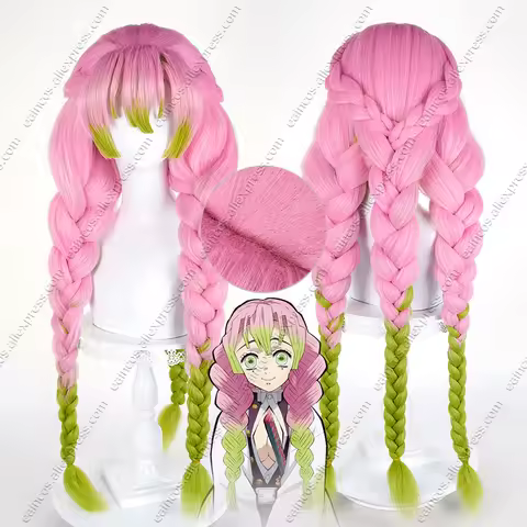 Mitsuri Kanroji Cosplay Wig 90cm Long Pre-braided Heat-Resistant Synthetic Hair Halloween Party