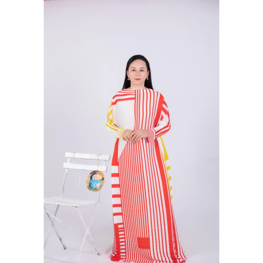 ANLAN Miyake Pleated Stripe Dress Fashion Relaxed Party Temperament Maxi Long Dresses 2024 Summer New Elegant Women\'s Clothing