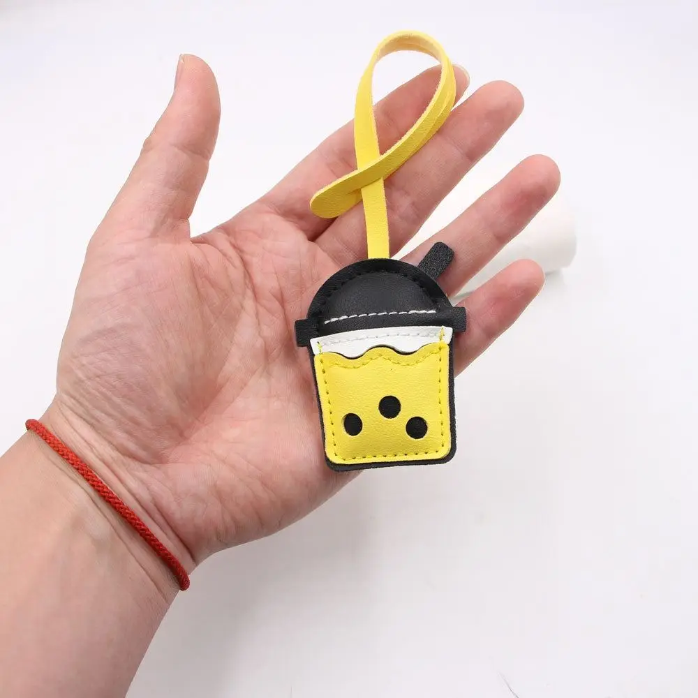 Lovely PU Leather Hanger Pearl Milk Tea Cup Pendant Cartoon Fashion Pu Keychain Car Keyring Creative Bag Pendant Men