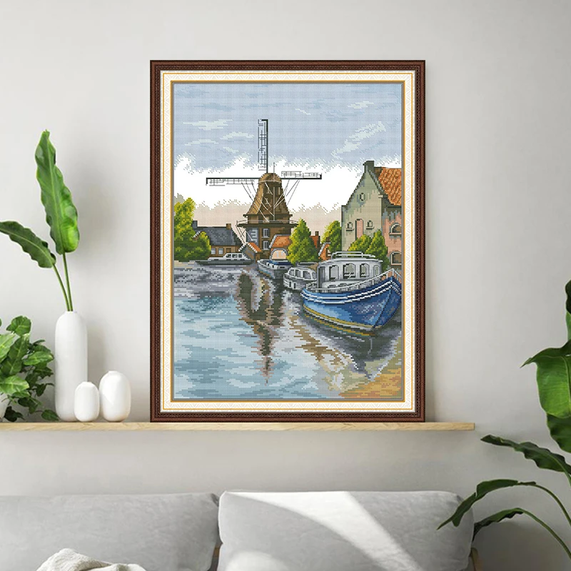 Landscape Seafront Pre-Printed Cross Stitch Complete Kit Embroidery Handmade Hobby Needlework Handiwork Package Home Decor