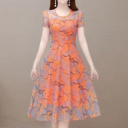 2023 Summer Popular Maple Leaf Flowers A-line Fashion Round Neck Splicing Button Bubbles Short Sleeve Gauze Midi Dresses Women