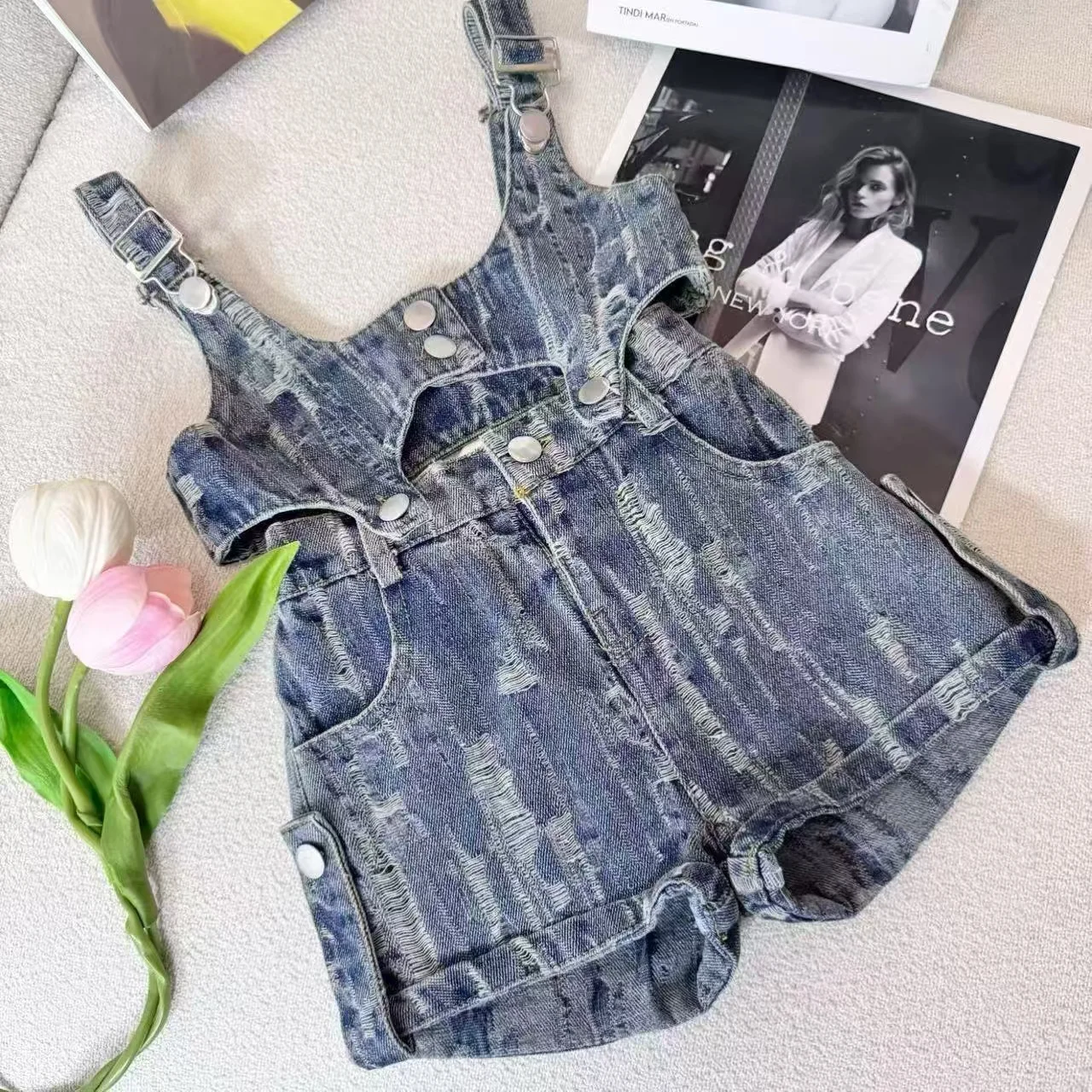 4-14 summer teen girls Ripped clothes set cotton vest+Denim overalls vest+hole denim shorts 3pcs junior kids suit child outfits