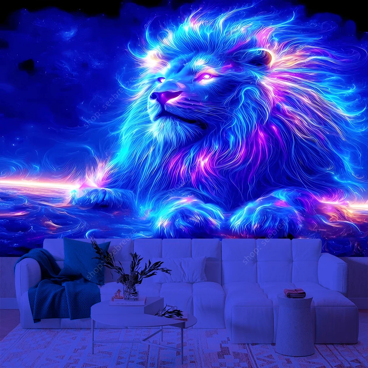 Psychedelic Animal Tapestry Cool Lion UV Reactive Tapestry Wall Hanging for Hippie Kawaii Room Decor Beach Towel Gift for Friend