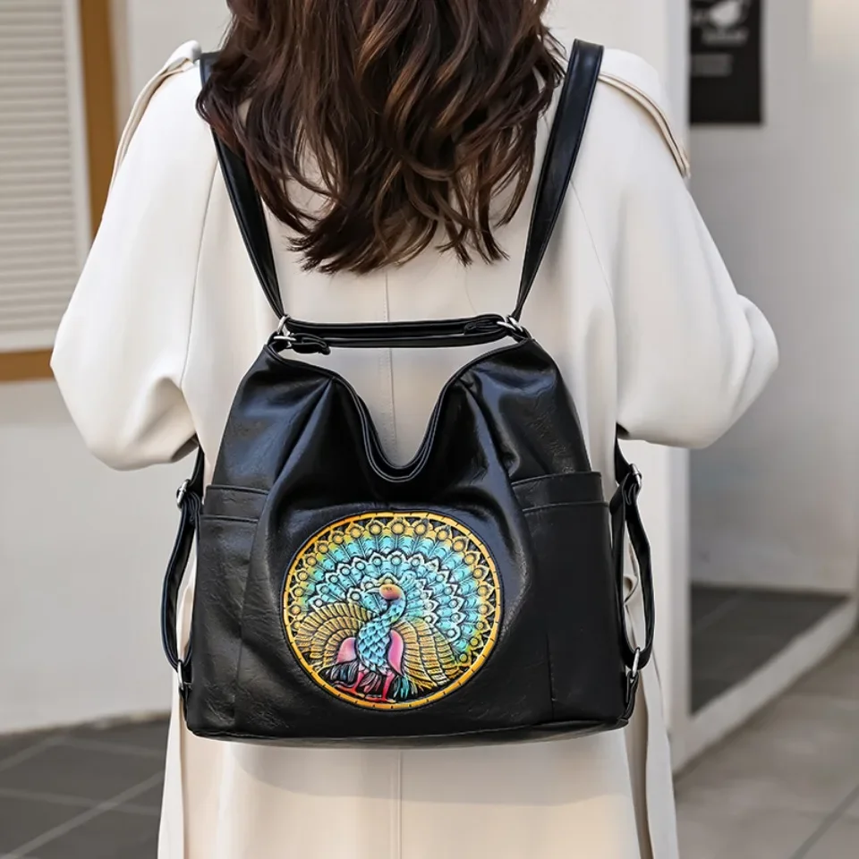 Mochila de viaje de pavo real de cuero PU Retro de alta calidad, bolsos de hombro antirrobo de gran capacidad a la moda para mujer, bolso informal para mujer