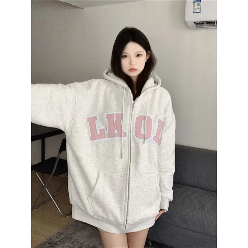 Streetwear Zip Up Hoodies for Women Oversized Letter Print Long Sleeve Hooded Sweatshirt Chic Baggy Zipper Y2k Tops Fall Winter