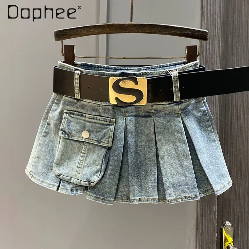 American Retro Spice Girl Denim Miniskirt Spring and Summer New High-waisted Three-dimensional Pocket A-word Pleated Skirt Women