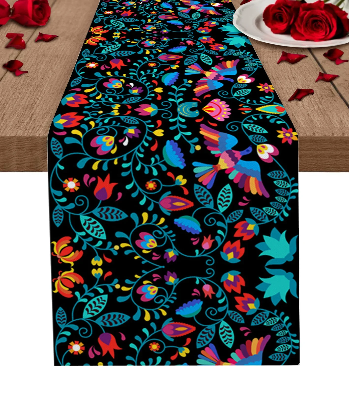 Mexican Day of The Dead Flowers Birds Table Runner Tabletop Decor Dia De Los Muertos Kitchen Dining Table Runner Party Decor